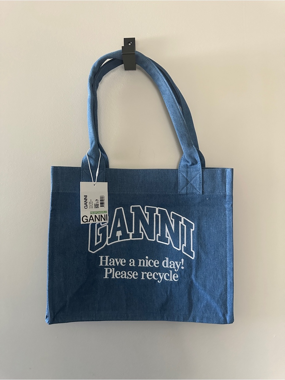 Ganni Blue Canvas Tote with White Logo